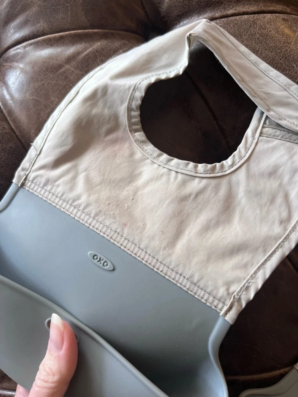 OXO Tot Roll-Up Bib Set (2) Grey Silicone Catcher Adjustable Travel Bibs